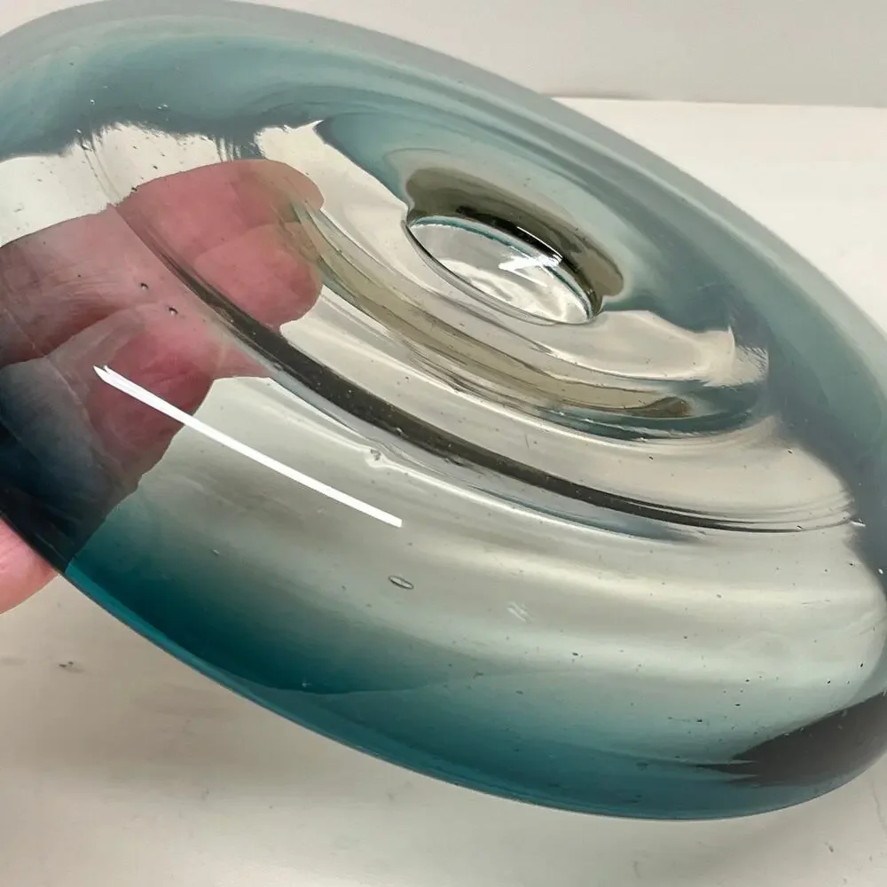 Hand Blown Glass Shallow Bowl in Ombre Teal